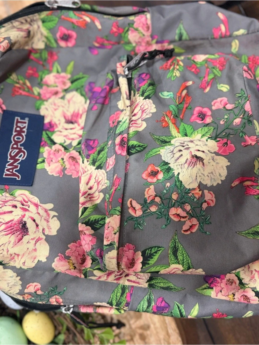 Jansport Floral Backpack in Gray with Pink & Cream Flowers